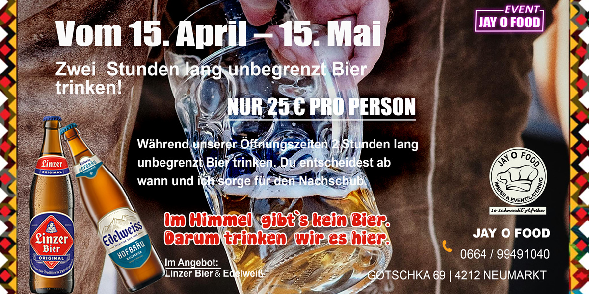 Vom 15.April – 15.Mai 2026 | Zwei Stunden lang unbegrenzt Bier trinken
